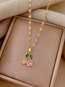 一套不锈钢粉色樱桃项链和耳环，全镶钻奢华微镶嵌个性化宴会珠宝礼品 - 彩色 - 查看 2