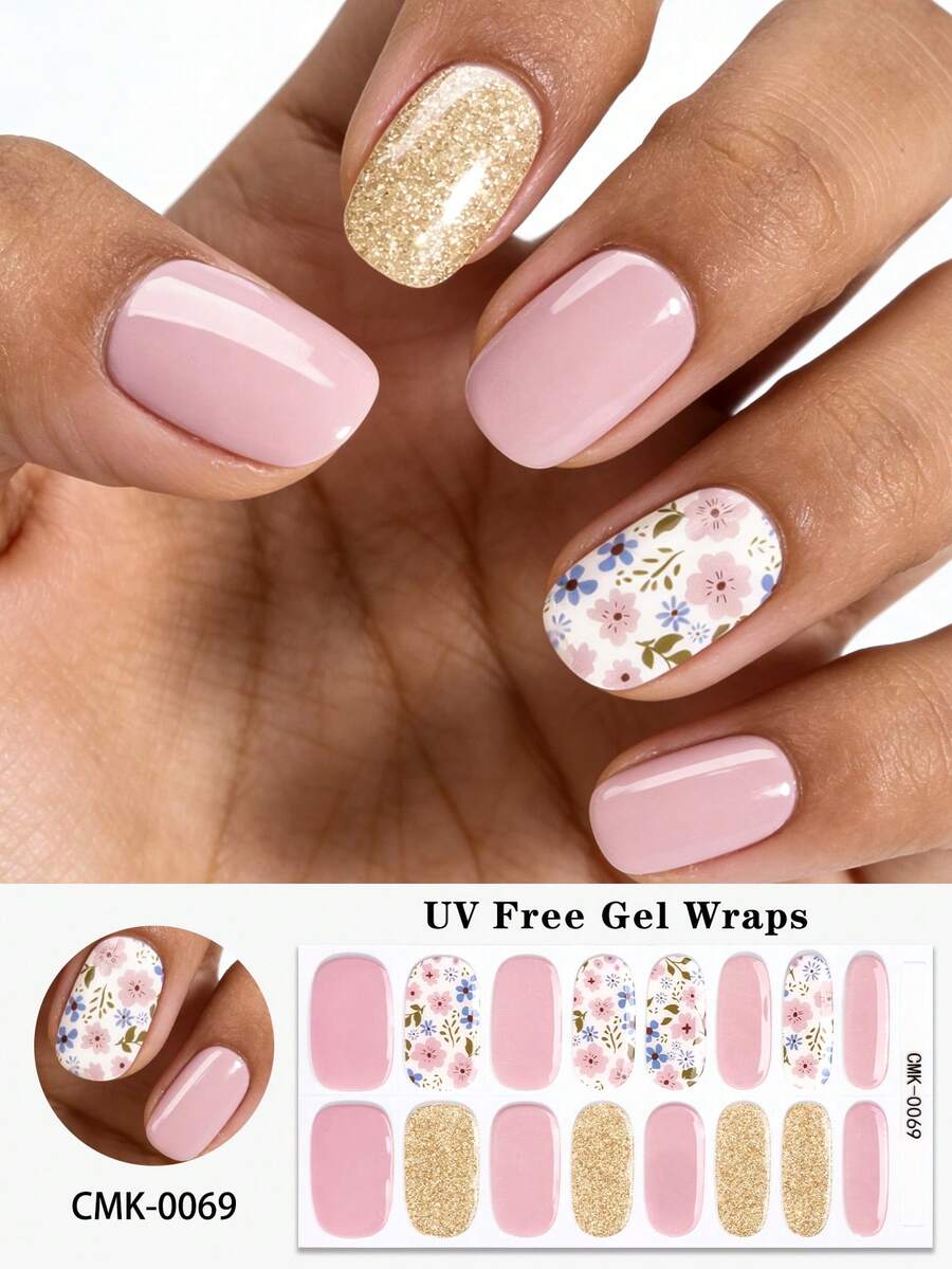 16片春夏粉色花卉UV免胶美甲贴，金色闪粉精致奢华风格自粘美甲全贴，沙龙品质，女士DIY美甲凝胶贴纸。