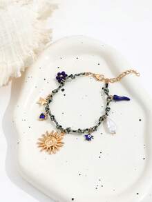 1 chiếc vòng tay bện nhiều màu sắc theo phong cách Bohemian với mặt dây chuyền hình ngọc trai giả, trái tim, sao biển, mặt trời, ớt, dành cho nữ. - Vàng - Xem 3