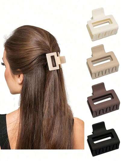 4pcs Medium Black, White, Brown, Khaki Square Lightweight Plastic Hair Clips, Fashion Versatile, Elegant Minimalist Style, Solid Color Hair Accessories Suitable For Daily, Casual, Party, Work, Vacation, Face Washing, Makeup, Outfit Matching