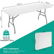 Folding Garden Table 180x75cm, Buffet Table, Camping Table With Carrying Handle, Folding Table For 10 People, Weatherproof Party Table For Garden, Patio, Balcony, BBQ, Up To 150kg - 白色的 - 查看 2