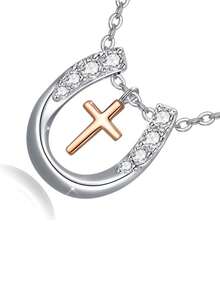 BALMORA 1. 优雅时尚的925纯银心形十字架镶嵌锆石吊坠项链，锁骨链，母亲节生日礼物，女士之选 - 銀色 - 查看 4