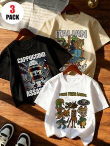 3pcs/Set Boys' Casual Printed Round Neck Short Sleeve T-Shirt, Summer Student Youth Clothing - The T-Shirt With Mountain And Sea Monster Print Brings Joy And Happiness To Every Child! ITALIAN BRAINROT - Apricot - View 2