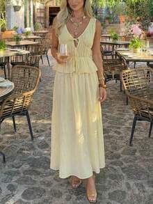 Vuslat 法式浪漫甜美度假风女士两件套，包含一条半身裙和一条长裙，系带装饰，适合通勤、约会、日常穿着、休闲装扮，春夏皆宜，也适合通勤、办公、日常穿着、派对、下午茶等场合。 - 黃色 - 查看 9