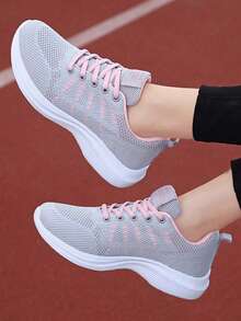 Zapatos Transpirables De Malla De Punto Ligero, Zapatillas Deportivas De Mujer Transpirables Zapatillas deportivas casuales para mujer malla transpirable ligeras suela gruesa alta cómodas - Negro - Ver 6