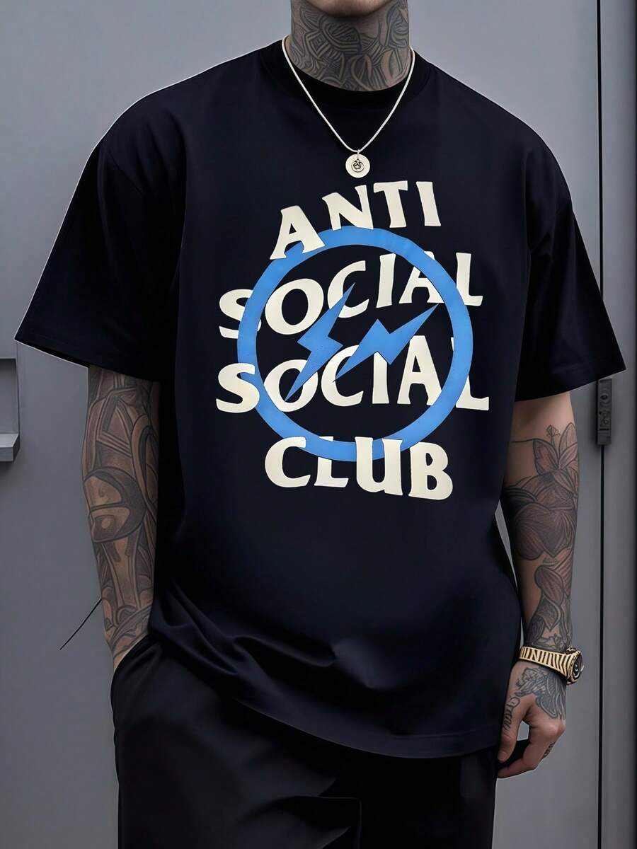 Anti Social Club Print T Shirt Streetwear 100% Cotton T Shirt 1pcs Men's Graphic T Shirt Casual Tee Perfect Gift Summer Fashion T Shirt Lightning Circle Graphic Short Sleeve Round Neck Tee Mens Top Hip Hop Style - Black - View 1