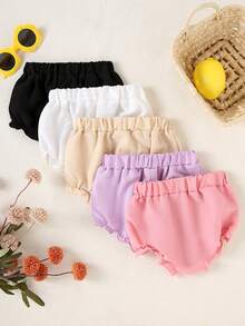 5pcs/Set Baby Girls' Solid Color Ruffle Hem Casual Cute Bloomers Shorts Set, Summer - Multicolor - View 2