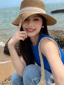 1pc Round Flat Top Straw Hat, Breathable Sun Hat, Travel Beach Hat, Essential Travel Hat, Fashion Versatile, Suitable As Gift For Girlfriend/Friend, Women's Accessory, Interesting Gift, Personalized Gift, Thoughtful Gift, Women's Gift,Summer,Holiday,Festival - Concave Top - View 8