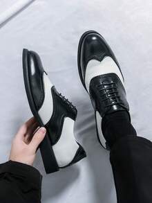 黑色时尚皮鞋，韩版商务正装鞋，男士休闲皮鞋，系带舒适正装鞋，尖头德比鞋，软皮奢华派对鞋 - 黑與白 - 查看 7