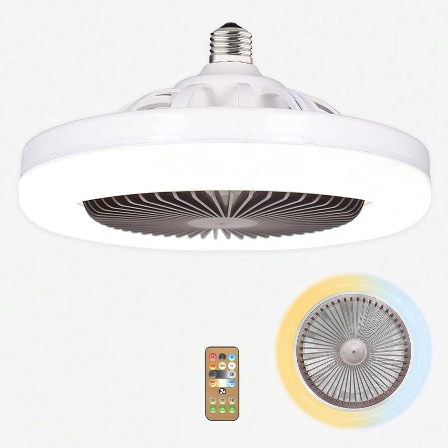 Ventilador de Techo De 3 Velocidades y Lampara LED, Instalación de Socket, Con Control Remoto, Para Habitación, Sala, Oficina, Taller, Cocina, Silencioso y Compacto