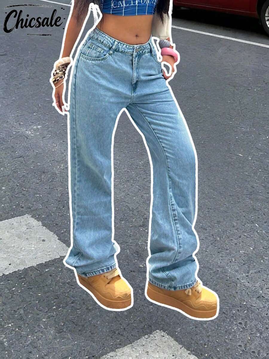 Women's Casual Light-Washed Wide-Leg Jeans, Suitable For Daily Wear Spring