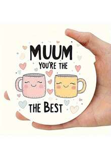 6pcs Wooden Round Coasters, Mother's Day Design "Mom, You're The Best" With Smiling Coffee Cup And Heart Pattern, 10cm Diameter, Heat-Resistant, Perfect Mother's Day Gift For Mom - Multicolor - View 6