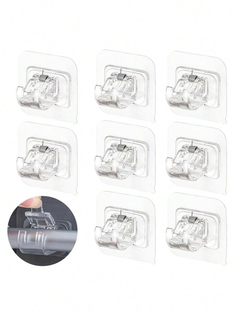 1/2/4pcs PC Material Transparent Curtain Rod Hooks, Curtain Rod Clips Brackets, No Drill Adhesive Hooks, Expandable Tension Rod Curtain Clips - Clear - View 1