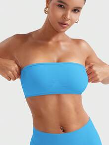 VOYJOY Impact Backless Bandeau Bra Workout Strapless Bandeau Basic Tank Top Adjustable - 冰川藍 - 查看 7