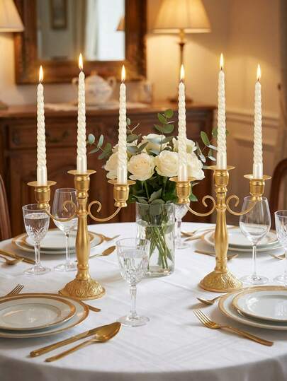 1 Pc Metal Triple-Arm Candle Holder, Retro European-Style French Romantic Decorative Ornament, Suitable For Dining Tables/Banquets/Birthday Parties/Living Rooms/Entryways/Tabletop Decoration/Fireplace Mantels/Family Gatherings, Home Decor, Decorative Ornaments, Birthday Decorations