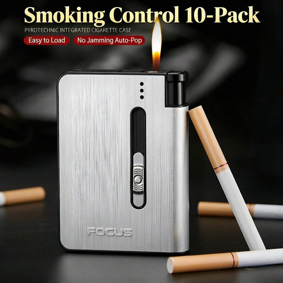 1PC Fashion Brushed Metal Cigarette Case, 10 Sticks Auto-Pop Dispenser, Anti-Scratch Portable Men's Smoking Gift Holder (Lighter Not Included)