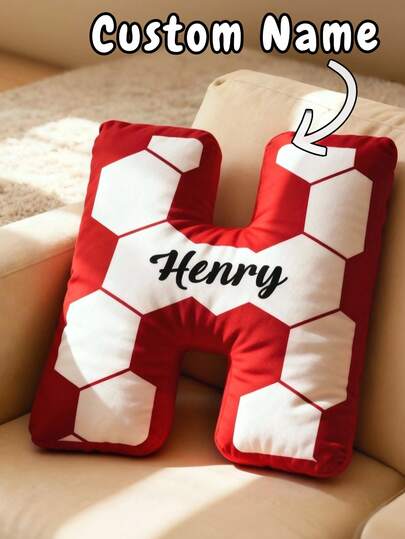 1 pieza Almohada decorativa personalizada con letra, cojín de peluche con inicial de nombre personalizado, patrón de baloncesto y fútbol, almohada suave rellena, adecuada para la decoración del dormitorio y la sala de juegos de los niños, cojín decorativo lindo, adecuado para niños y niñas, almohada con nombre personalizado, regalo para niños
