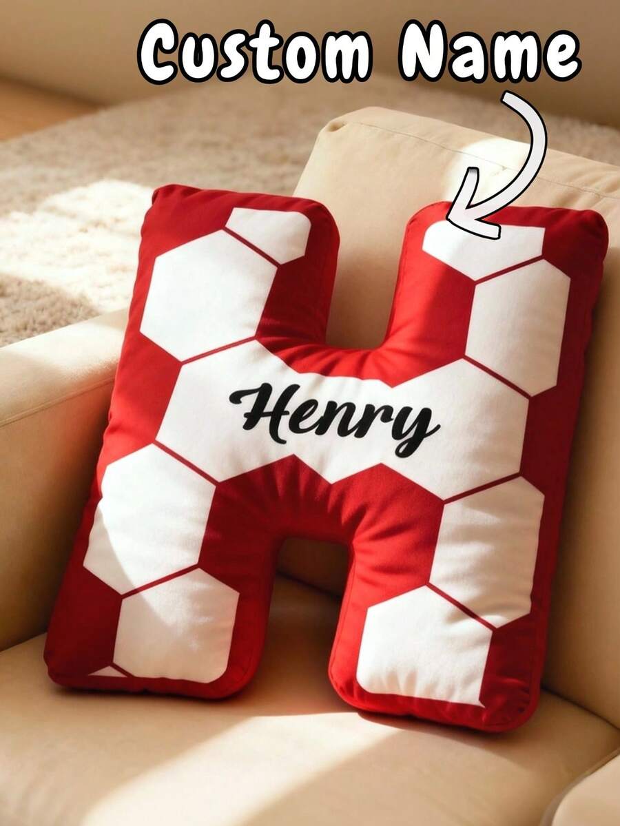1pc Customized Letter Throw Pillow, Personalized Name Initial Plush Cushion, Basketball And Football Pattern, Soft Stuffed Pillow, Suitable For Children's Bedroom And Playroom Decor, Cute Decorative Pillow, Suitable For Boys And Girls, Personalized Name Pillow, Children Gift - Red - View 1