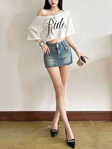 Kliou 女士休闲短款上衣，字母印花不对称领口落肩短袖弹力T恤 白色 - 白色 - 查看 9