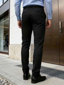 Pantalones casuales de negocios de corte relajado sin arrugas para hombres, pantalones rectos cómodos, de unicolor, adecuados para primavera y otoño - Negro - Ver 2