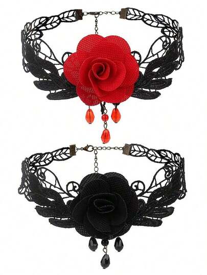 1pc Gothic Style Rose Flower Tassel Choker Necklace, Vintage Lace Hollow Short Collar Necklace For Women