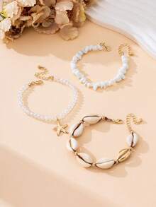 3pcs Casual Classic Retro Versatile Bohemian Style Summer Beach Vacation Series Faux Pearl Shell Starfish Pendant Anklet Set, Women Beach Jewelry - Multicolor - View 3