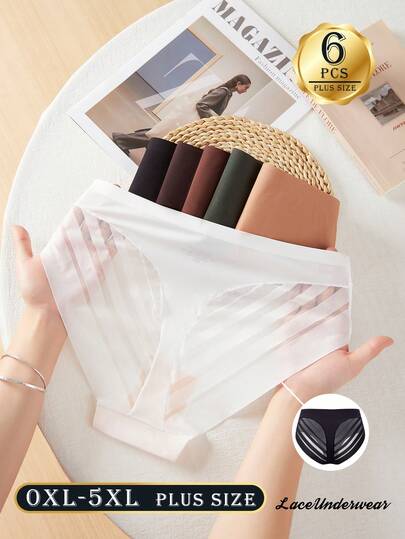 6pcs Plus Size Women's Solid Color Basic Lace Sexy Briefs, Comfortable Hipster Panties For Home & Sports