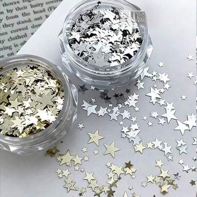 2 件/套 迷你超薄星星亮片美甲配件，闪亮金银色，3D 星形效果美甲装饰，混合尺寸，合金金属美甲用品，美甲饰品，美甲宝石