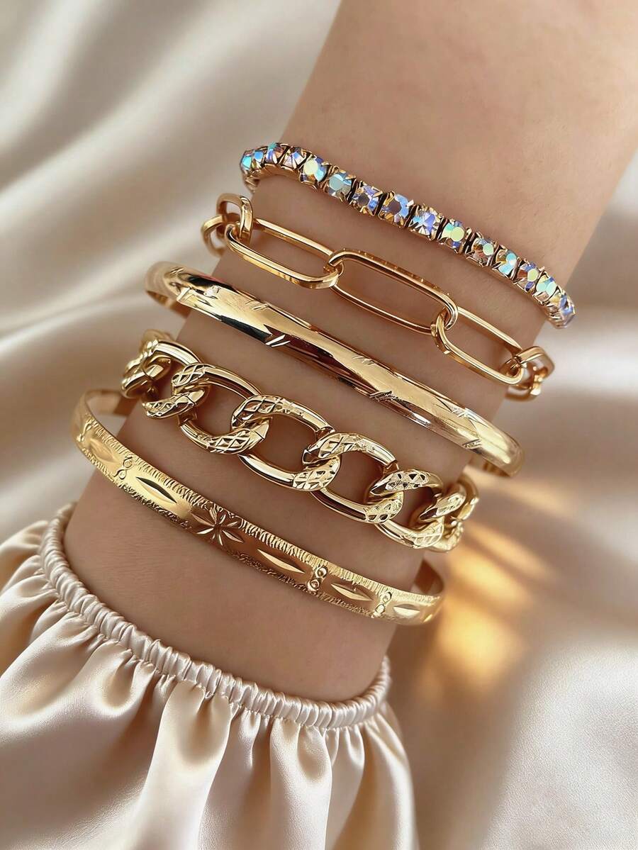 无限符号和星星链条镶钻多层镀金手镯套装（女士） - 金黃色 - 查看 1