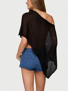 Women Sheer Mesh Poncho Top Crochet Knit Lightweight See Through Shawl Wrap Summer Oversized Loose Shrug Beachwear Swimsuit Bikini Cover Ups - 黑與白 - 查看 6