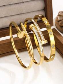 Set de 3 piezas de joyería de pulsera con flor y circonita cúbica de acero inoxidable de alta calidad y de moda, adecuado para uso diario - Dorado - Ver 15