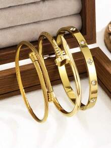 Set de 3 piezas de joyería de pulsera con flor y circonita cúbica de acero inoxidable de alta calidad y de moda, adecuado para uso diario - Dorado - Ver 11