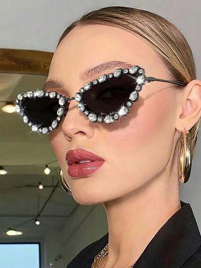 1pc Women's Y2K Style Cat Eye Fashion Glasses, Decorated With Rhinestones, Suitable For Outdoor And Beach Party Wear, With Glasses Case