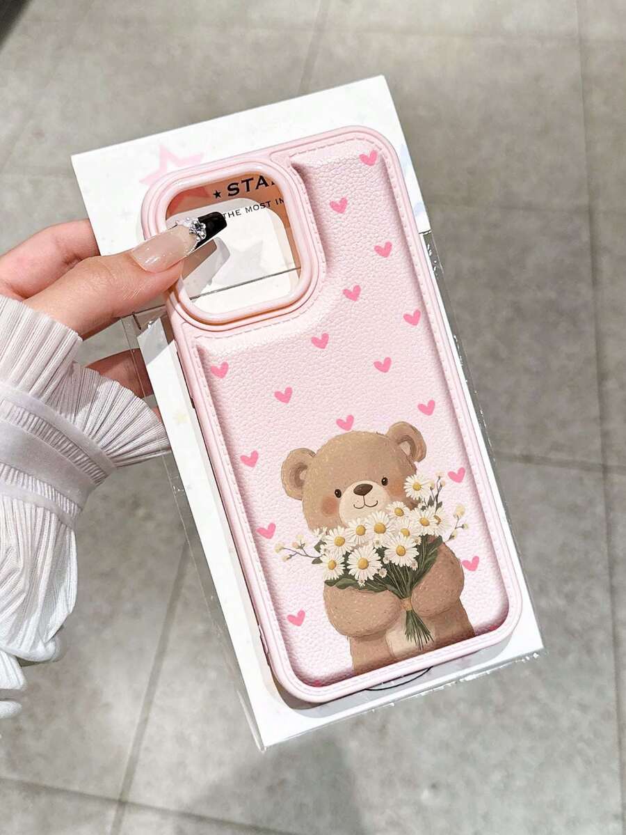 心形小熊图案防摔纹理皮革手机壳，适用于苹果 17/16 Pro Max、14/13、16、12、11 Pro Max、XS Max、X、XR、8、7、14 Plus，可作为生日礼物、送给女朋友、男朋友或自用 - 粉色 - 查看 1