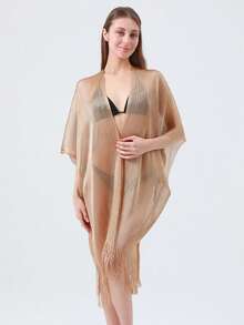 1pc Solid Color Casual Polyester Beach Cover-Up, Lightweight Windproof Sunscreen Shiny Metallic Threads Slit Sleeve Shawl, Spring/Summer - Multicolor - View 5