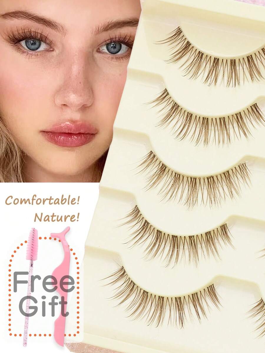 5对自然棕色假睫毛，采用柔软的3D貂毛材质，蓬松时尚，自然纤长。交叉式设计，佩戴舒适便捷，适合婚礼、派对、夜店、日常工作会议等各种场合，打造迷人眼妆效果。 - 棕色 - 查看 1