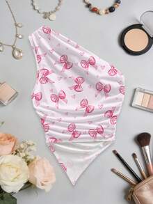 Women's Asymmetric/Asymmetrical Butterfly Print Ruffle Trim Casual Blouse, Suitable For Beach And Daily Wear - Pink - View 3