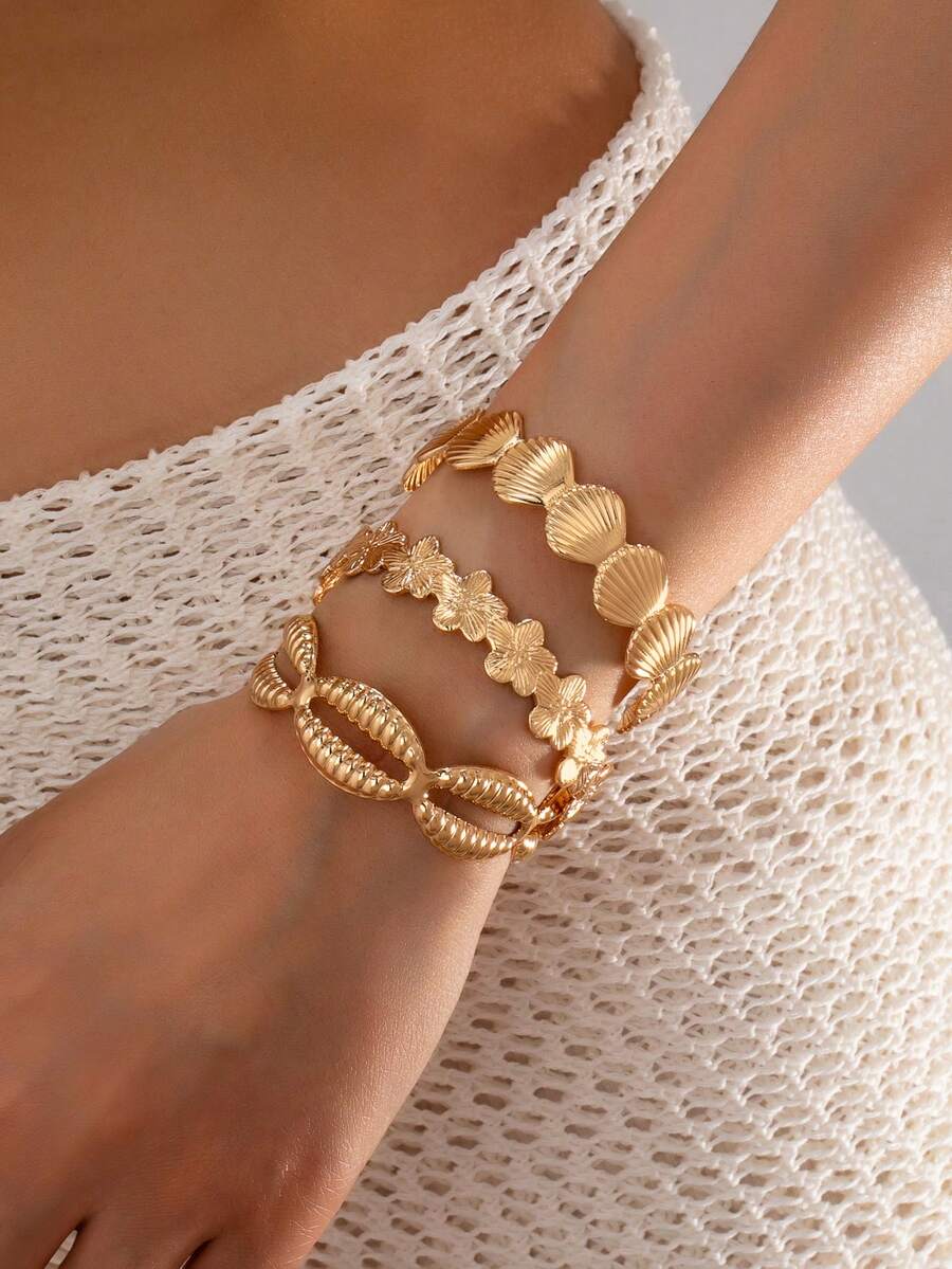 3pcs Gold Shell & Flower Decor Bracelet Set For Women, Bohemian Style Beach Bracelet, Summer Boho Jewelry Gift