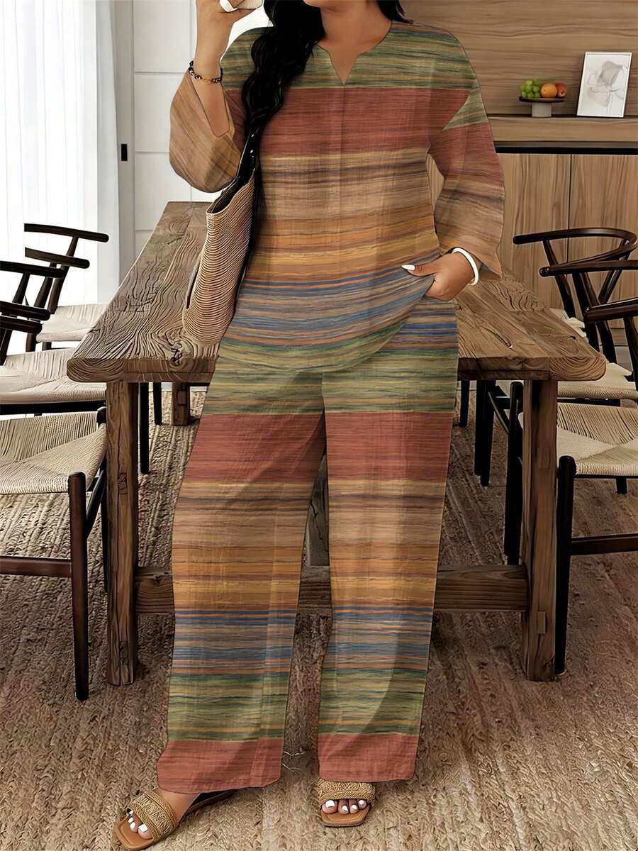 2026 New Style A Set Of Retro Stripe Woven Fabric Casual And Unconstrained Women's Plus-Size Printed Two-Piece Set For Spring, Autumn And Summer, Suitable For Independence Day, Home Wear, Travel, Gifting To Friends And Daily Wear, Retro Stripe Casual Style Suit - 彩色 - 查看 1
