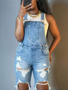 GLOURI Y2K Distressed Denim Overalls - Adjustable Straps & Oversized Pockets W/ Asymmetric Rips Ripped| Edgy Streetwear Jumpsuit Casual  For Women - Light Blue - View 1