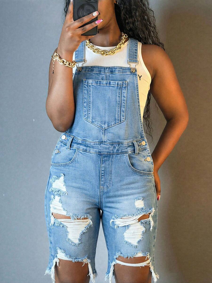 GLOURI Y2K Distressed Denim Overalls - Adjustable Straps & Oversized Pockets W/ Asymmetric Rips Ripped| Edgy Streetwear Jumpsuit Casual For Women - Light Blue - View 1