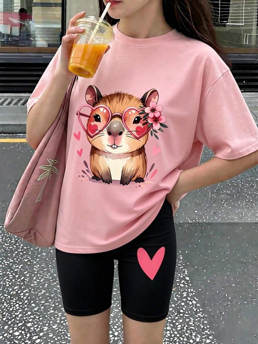 Bộ 2 món áo thun và quần short in hình chuột lang nước dễ thương, thời trang thường ngày cho bé gái, thích hợp mặc mùa hè. - Hồng - Xem 1