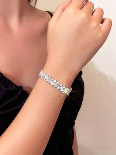 1 pieza Tobillera minimalista y elegante para mujer con decoración de diamantes de imitación en forma de rombo en color dorado/plateado, versátil, adecuada para novias, pulsera con decoración de cristal y diamante, lujosa