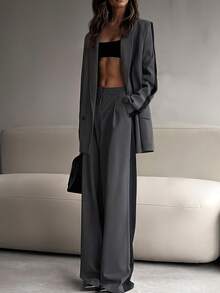 HOMEYEE Costum elegant, stil business, stil vintage, stil casual, stil profesional, mărime plus, pantaloni și sacou, culoare contrastantă, model patchwork, primăvară - Gri inchis - Vizualizare 3