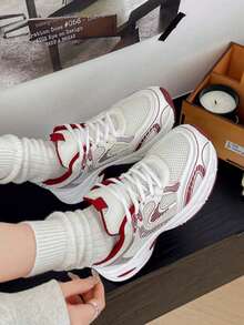 New Women Casual Sneakers, Chunky Sneakers, Shoes, White Shoes, Lace-Up Round Toe Mixed Material Breathable Versatile Printed Graffiti College Style Student Outdoor Hiking Casual Commuting Shoes - 赤紅色 - 查看 2