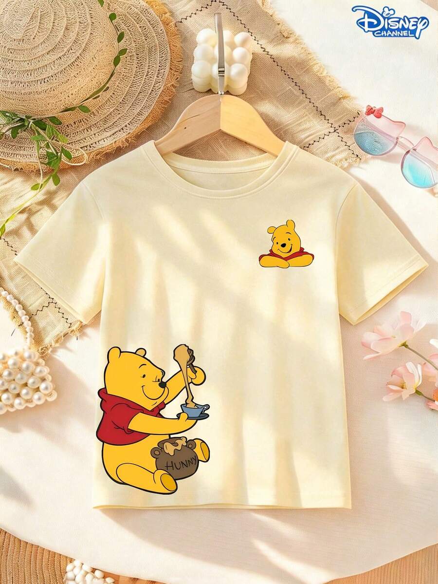 Disney Winnie The Pooh Eating Honey Print Children's Short-Sleeved T-Shirt, White Loose Round Neck Top, Playfully Waving Mickey Mouse With Pluto In The Pocket, Full Of Childlike Fun, Breathable And Skin-Friendly, A Versatile Casual Children's Wear For Summer Outings And School, Suitable For Both Boys And Girls. - Apricot - View 1