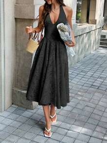 Abito midi estivo Unadoll in jacquard floreale, con scollo all'americana, profondo scollo a V sulla schiena, laccio, fluido, elegante, da invitata a matrimonio e per feste - nero - Visualizzare 6