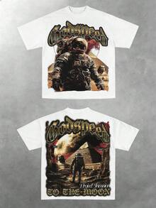 Godspeed To The Moon Astronaut Space Distressed Oversized Graphic Tee Men's Short Sleeve Pure Cotton T-Shirt Loose Fit, Y2K Streetwear Vintage Casual Pyramid Aesthetic Baggy 100% Cotton Pullover Gift - 白色 - 查看 1