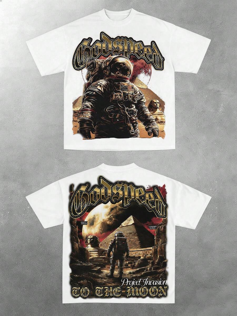 Godspeed To The Moon Astronaut Space Distressed Oversized Graphic Tee Men's Short Sleeve Pure Cotton T-Shirt Loose Fit, Y2K Streetwear Vintage Casual Pyramid Aesthetic Baggy 100% Cotton Pullover Gift - 白色 - 查看 1