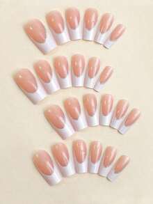 24Pcs/Set Long Coffin White French Tip Press On Nails Tips Chic Minimalist Style - Reusable Design Fake Nail,Contain 1pc Jelly Glue And 1pc Nail File, Acrylic Fake Nails For Women And Girls, Daily Life And Party Use Nail Supplies - 彩色 - 查看 4